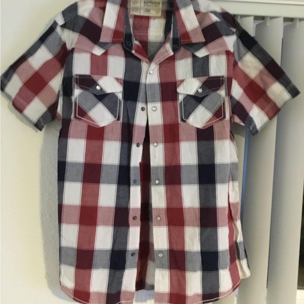 urban pipeline Short-Sleeve Plaid Button-Down Shirt - Red, Navy & White